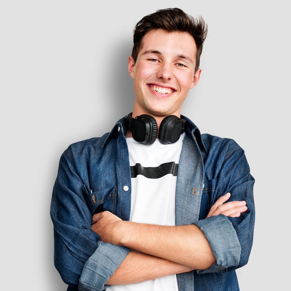 Person listening music headphones concept